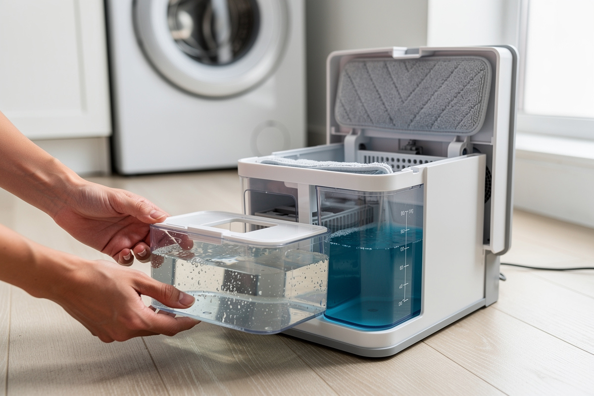 Robot vacuum self-cleaning mop dock station showing dirty water tank removal and mop pad washing bay