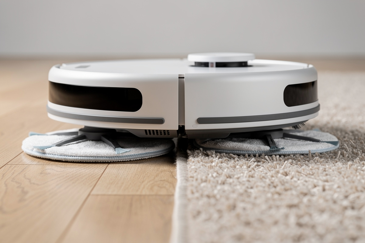 Robot vacuum transitioning from hardwood to carpet with mop pads lifted showing mop-lift feature