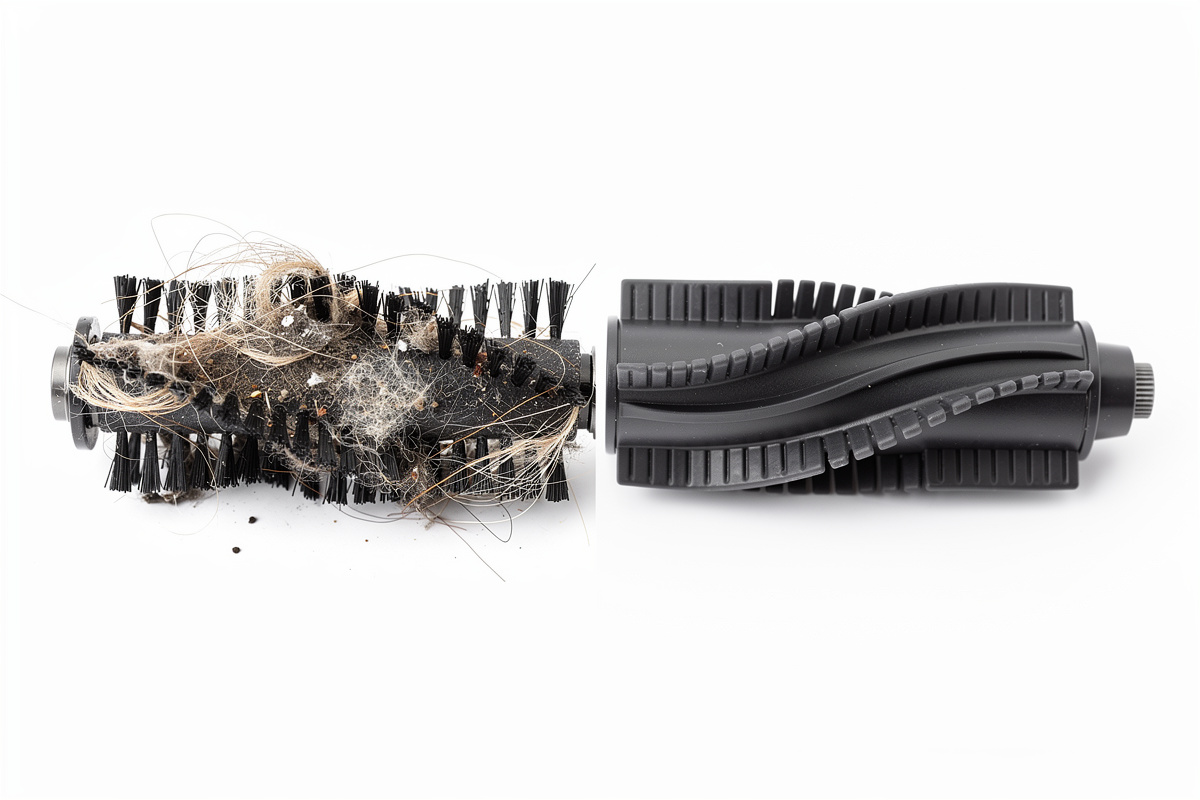 Comparison of tangled bristle brush roller versus clean rubber extractor roller for pet hair
