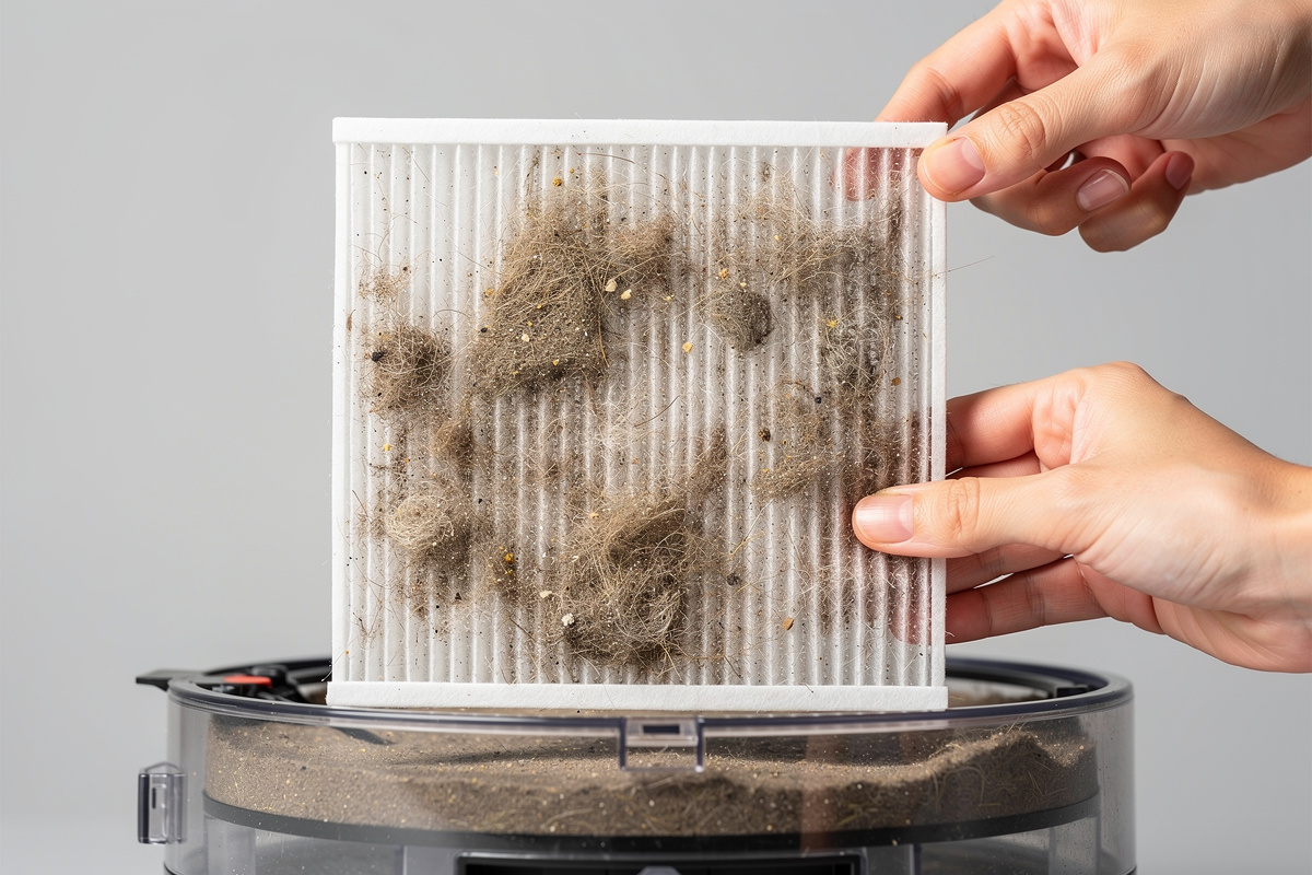 Robot vacuum HEPA filter being removed from dustbin showing trapped pet dander and fur