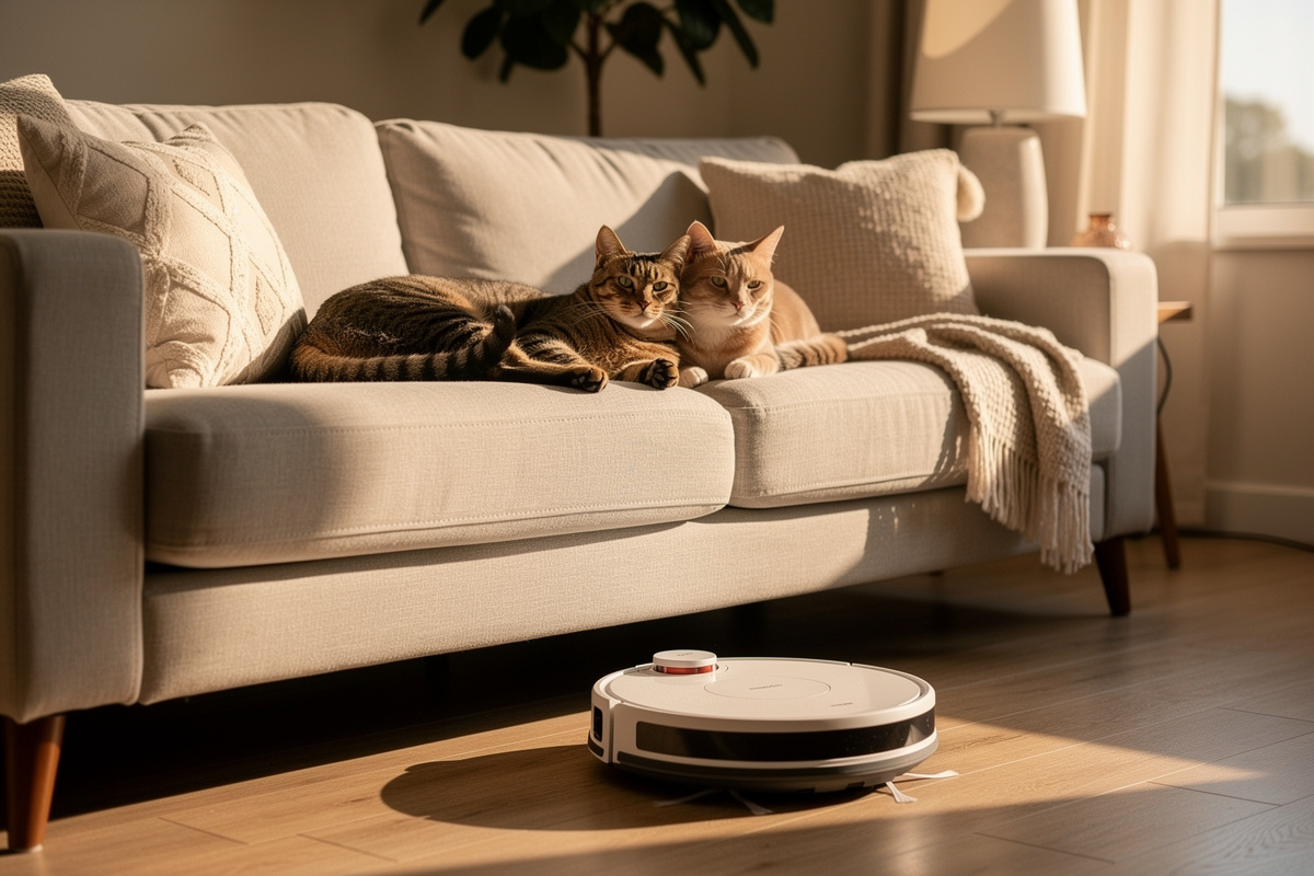 Two cats lounging on couch while robot vacuum cleans hardwood floor beneath them