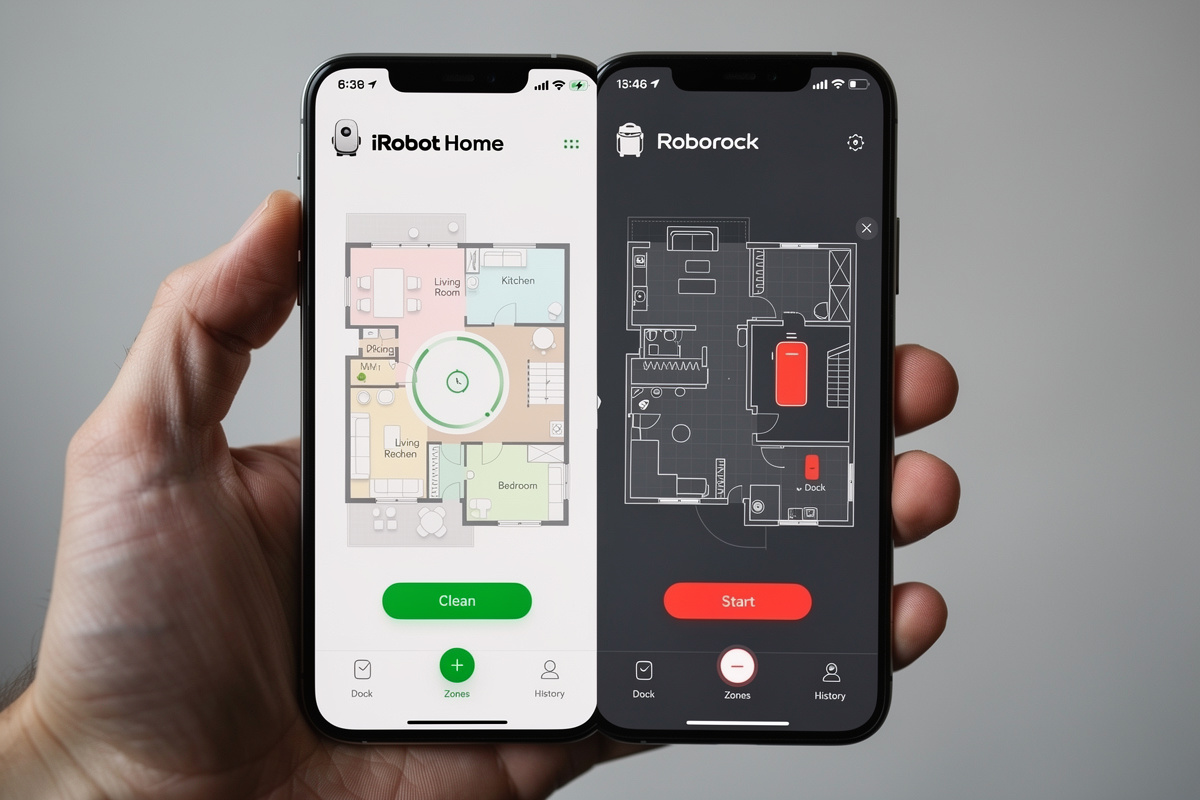 Split screen comparison of iRobot Home and Roborock companion app interfaces with floor maps