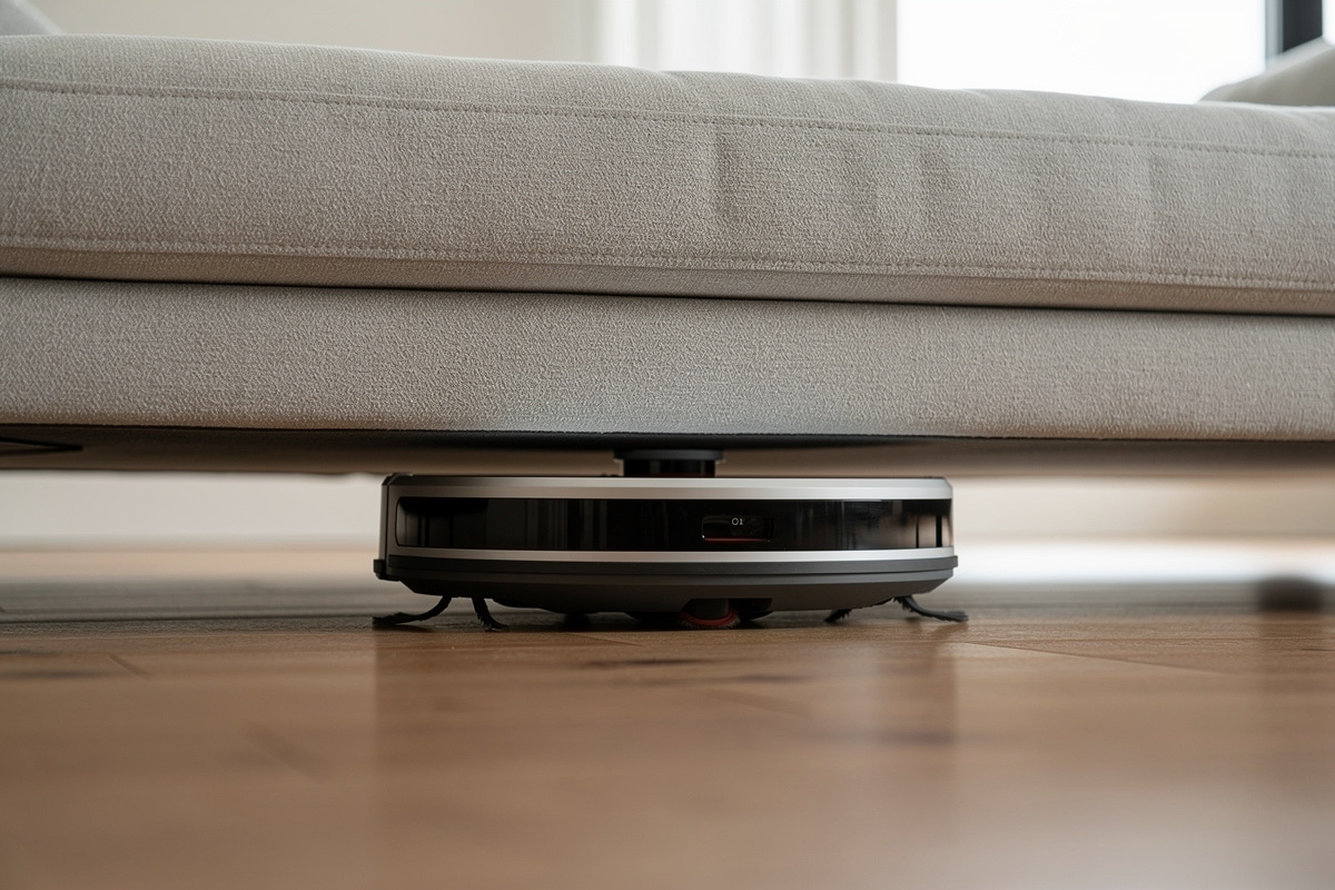Robot vacuum cleaning under low-clearance modern sofa showing slim profile design