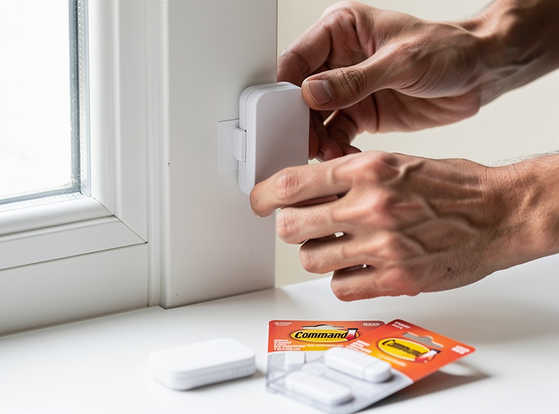 DIY home security sensors with peel and stick adhesive being installed on a rental apartment door frame