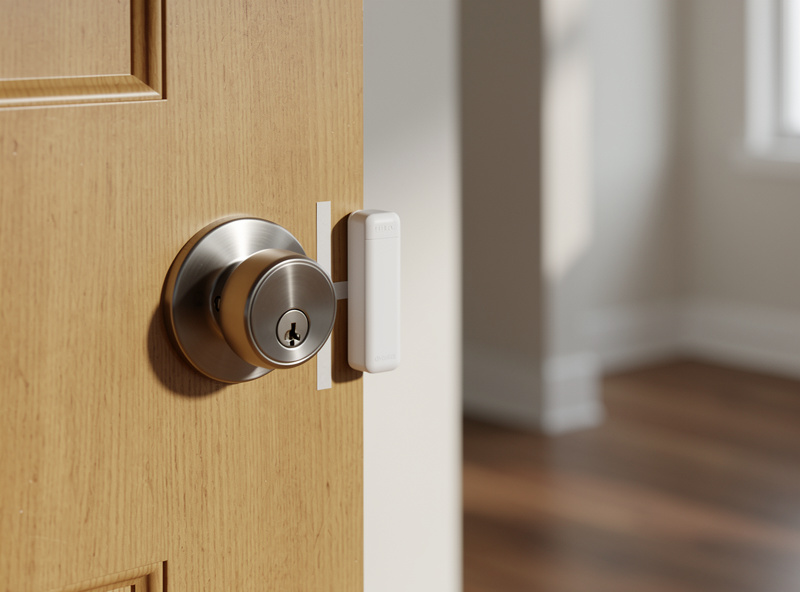 Apartment door with smart security sensor installed using removable Command Strips and a Level Lock Plus retrofit smart lock
