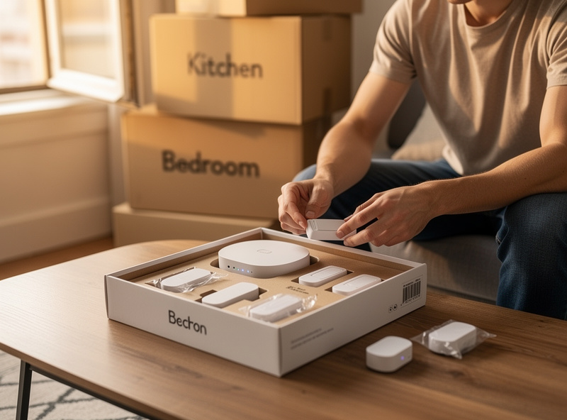 Person packing a portable DIY security system into its original box for moving to a new apartment