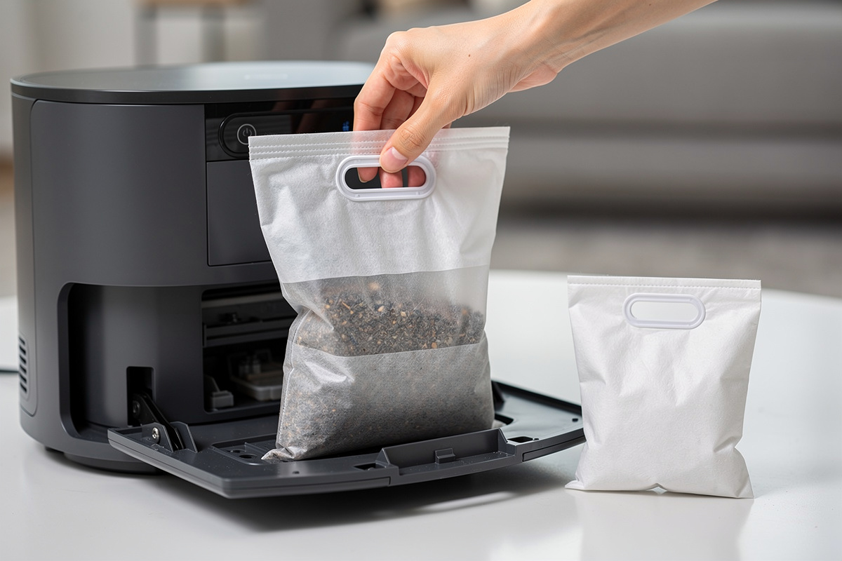 Hand removing sealed disposable dust bag from self-emptying robot vacuum base station