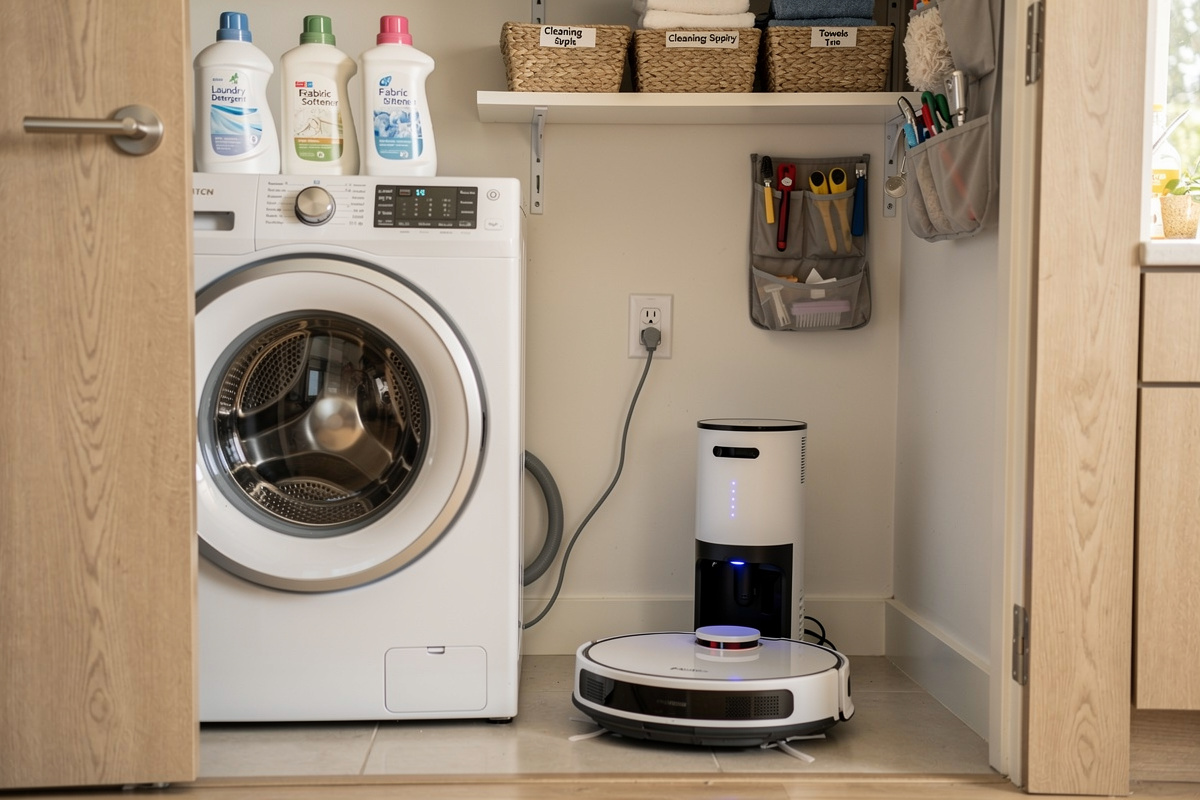 Self-emptying robot vacuum base station placed in utility closet showing practical home placement