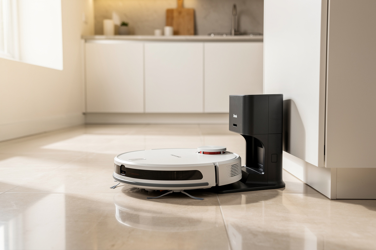 Shark robot vacuum with self-emptying XL base dock positioned against kitchen cabinet