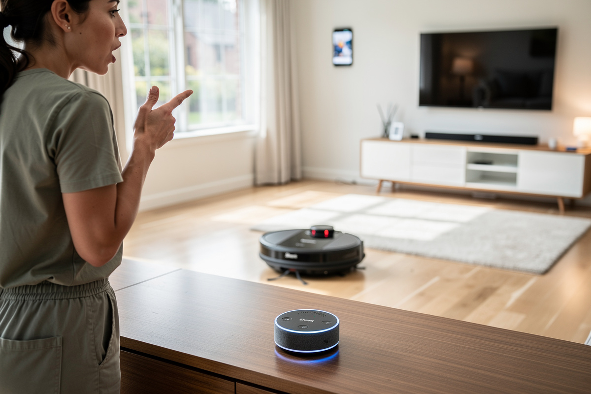 Person using Alexa voice command to start Shark robot vacuum visible cleaning in background