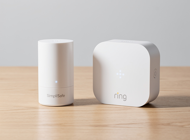 SimpliSafe base station and Ring Alarm base station displayed side by side on a kitchen counter for comparison