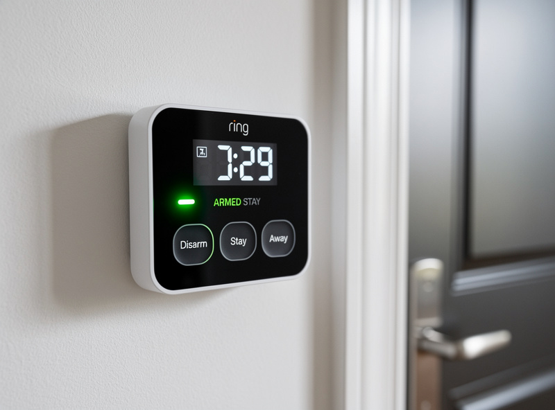 Ring Alarm keypad with backlit display showing arm-away and stay buttons, mounted near a front door