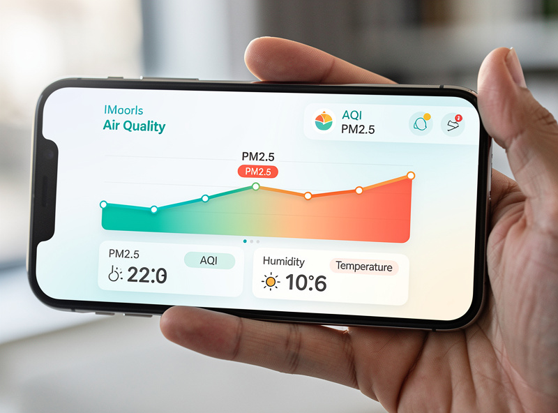 Smart air purifier app showing PM2.5 dashboard