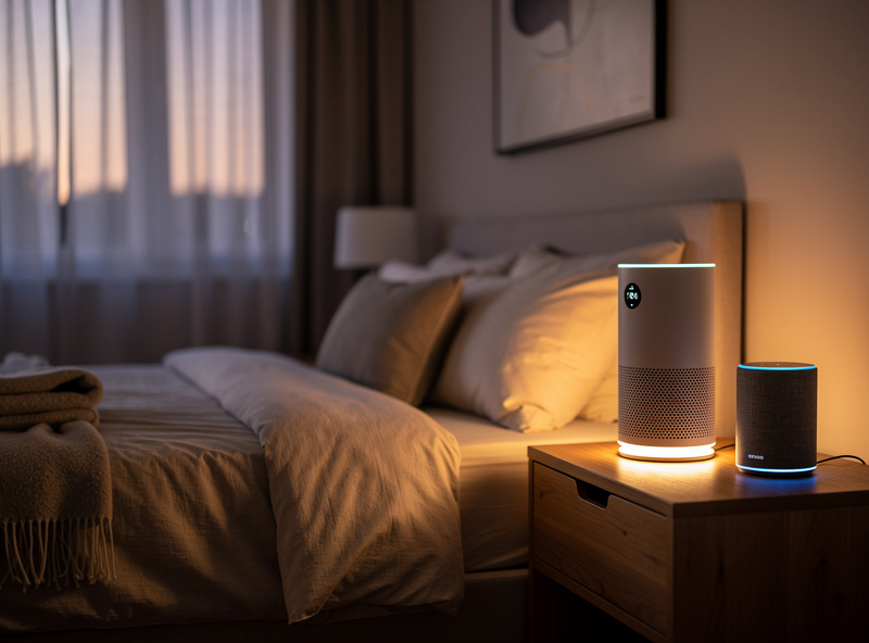 Smart air purifier on nightstand in bedroom