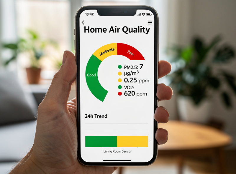 Smartphone air quality app showing PM2.5 VOC and CO2 readings