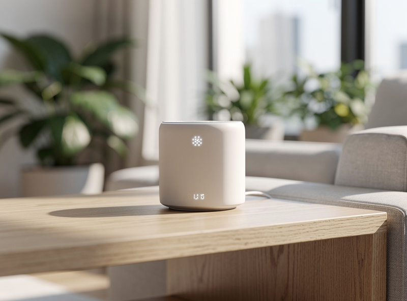 Smart air quality monitor device on wooden shelf in modern living room with plants
