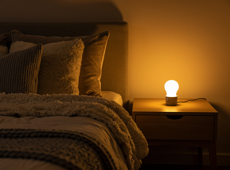 Warm amber smart bulb on bedroom nightstand