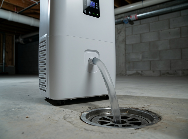Smart dehumidifier with gravity drain hose to floor drain