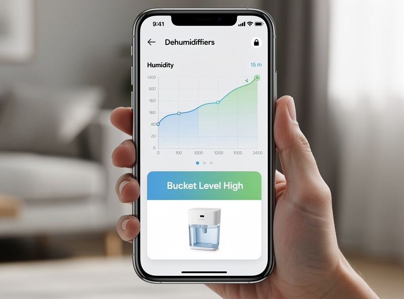 Smart dehumidifier app dashboard with humidity graph