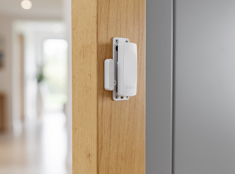 Smart door magnetic contact sensor installed on wooden front door frame