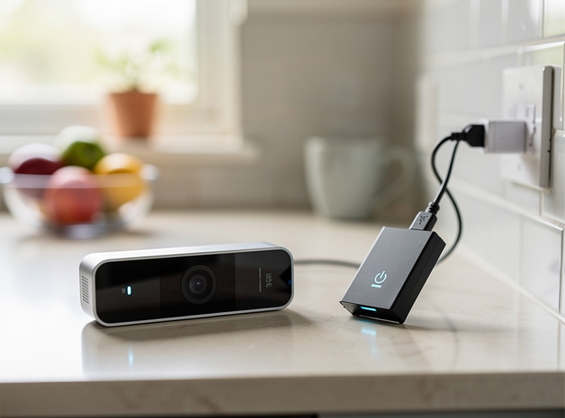 Smart video doorbell battery being removed and charged via USB cable on kitchen counter
