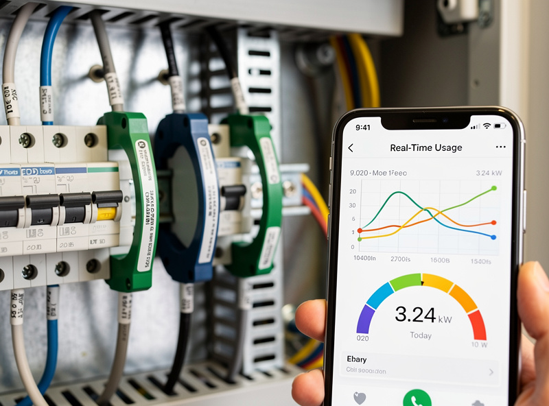 Smart electricity monitor CT clamps installed inside residential electrical panel with smartphone showing energy data