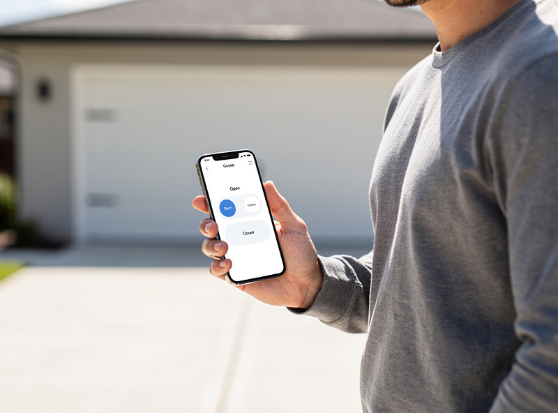Person using smartphone app to check garage door status from driveway