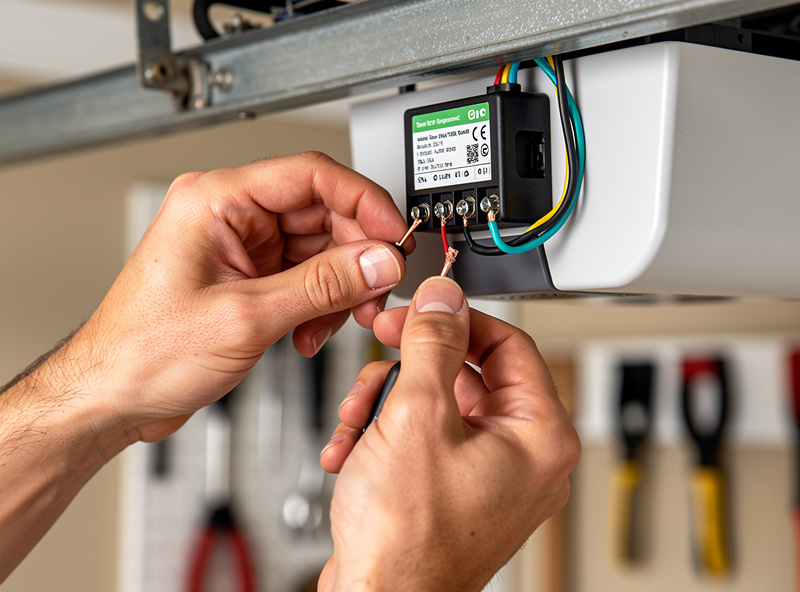 Close-up of wiring smart garage controller to opener push button terminals
