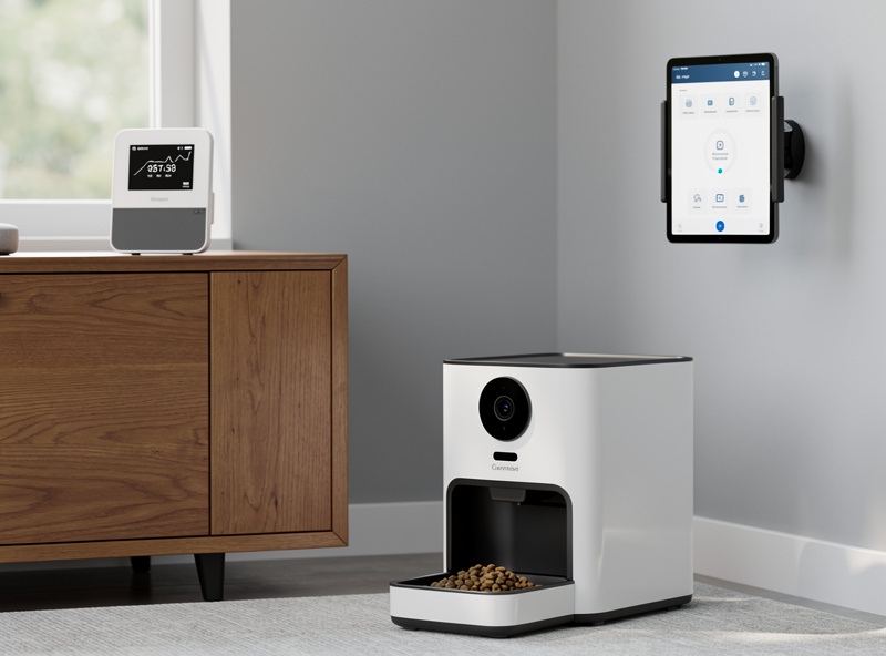 Smart home accessories including energy monitor, pet feeder with camera, and tablet wall mount displayed together
