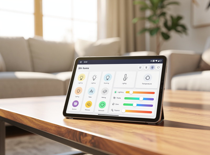 Smart home automation dashboard on tablet showing device controls