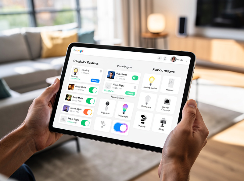 Smart home automation dashboard showing scheduled routines and device triggers