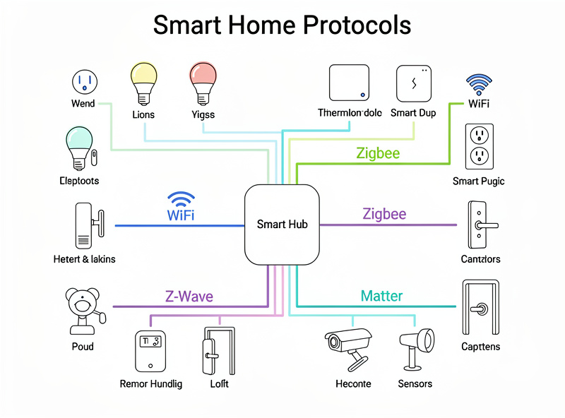 Smart home protocol diagram showing WiFi, Zigbee, Z-Wave, and Matter connectivity