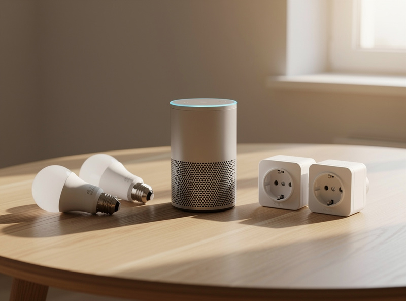 Smart home starter setup with voice assistant, smart bulbs and smart plugs on wooden table