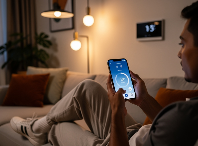 Person using smartphone app to control home lighting and thermostat in modern living room