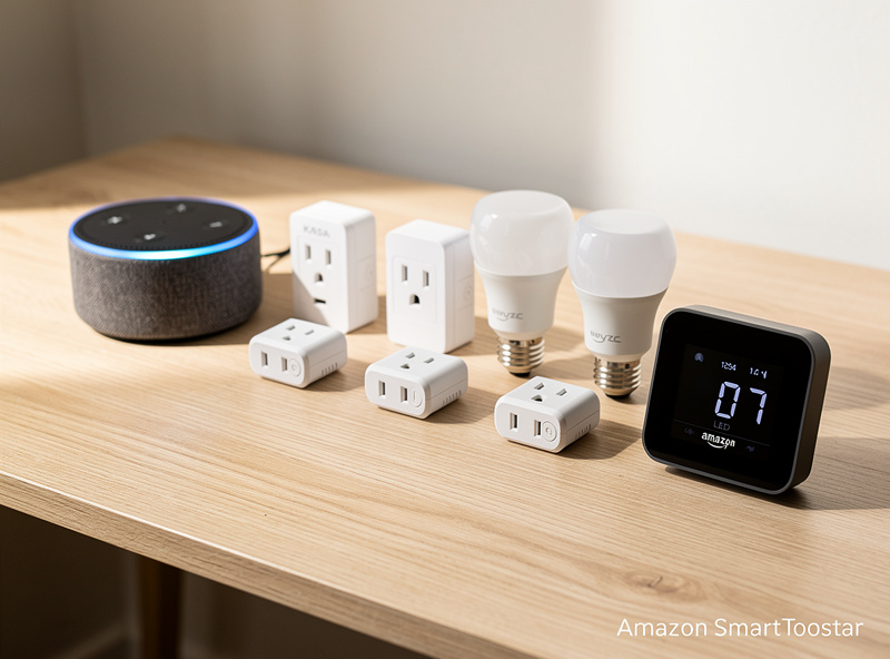 Budget smart home devices including Echo Dot, Kasa smart plugs, Wyze bulbs and Amazon Smart Thermostat on wooden surface