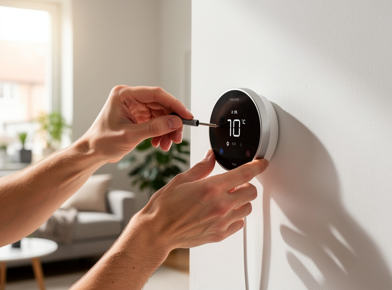 Person installing smart thermostat on wall in modern home interior, DIY smart home project