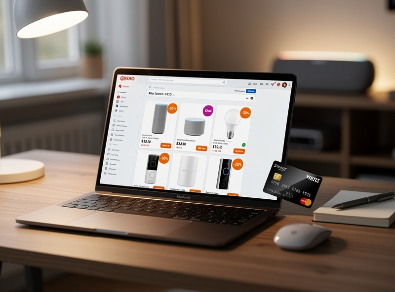 Smart home deals and discounts displayed on laptop screen with shopping cart, budget tech photography
