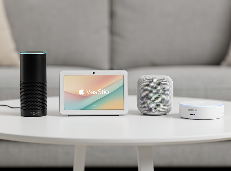 Smart home ecosystem devices: Amazon Echo, Google Nest Hub, Apple HomePod, and Samsung SmartThings hub on modern table