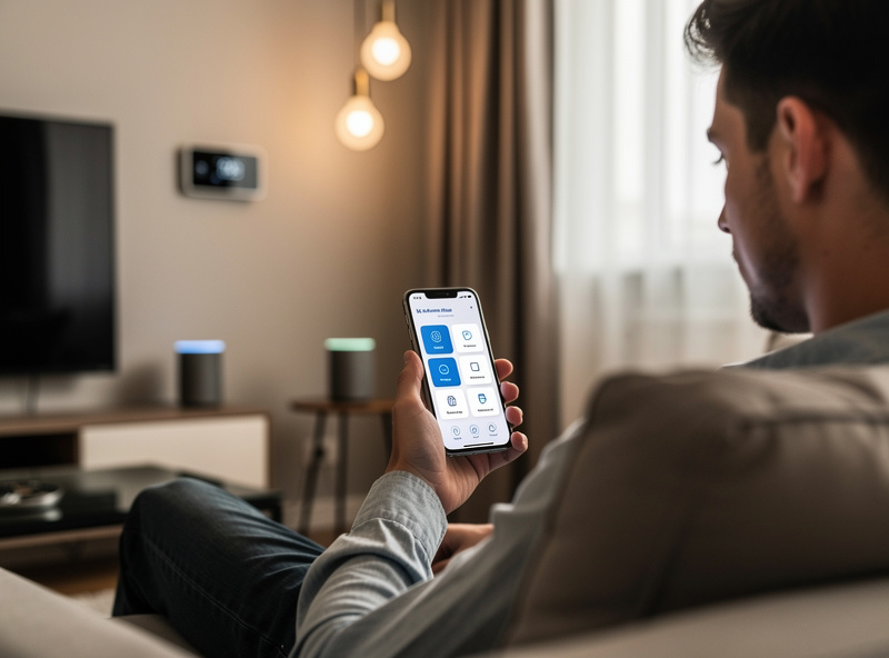 Person using smartphone app to control multiple smart home ecosystems in modern living room