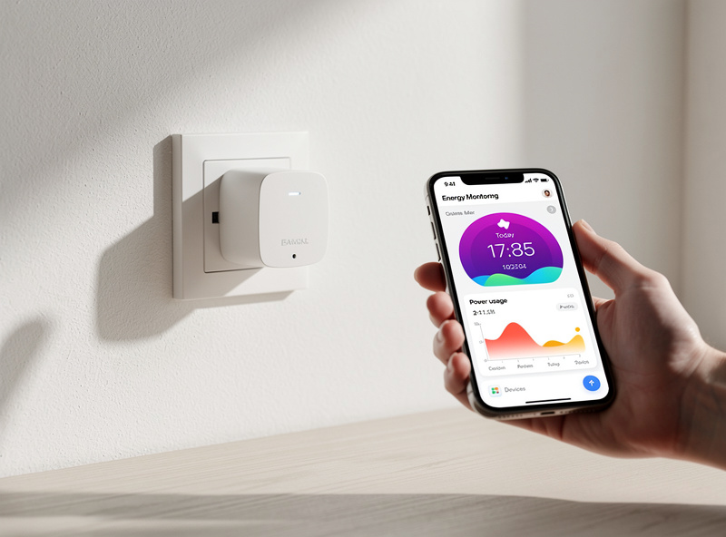 Smart plug device plugged into wall outlet showing energy monitoring on smartphone app