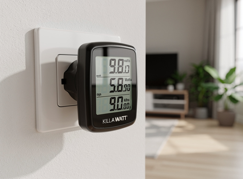Portable Kill A Watt energy monitor showing electricity consumption display