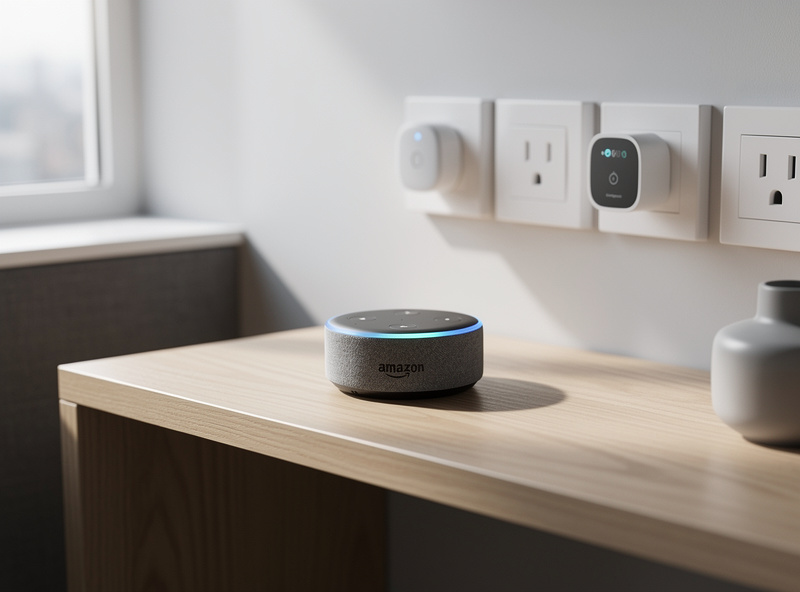 Amazon Echo Dot smart speaker with smart plug devices in background