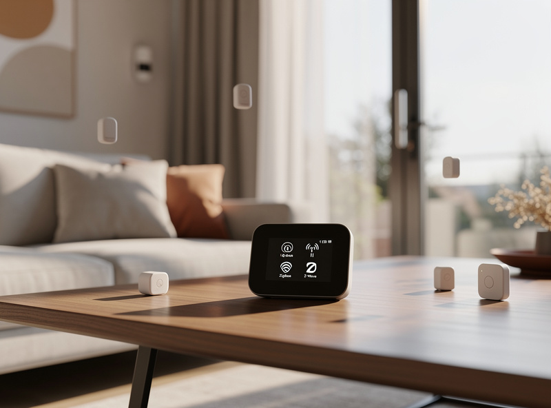 Smart home hub device with connected devices in modern home