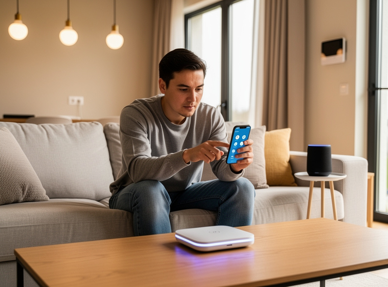 Smart home hub setup process showing device pairing and configuration