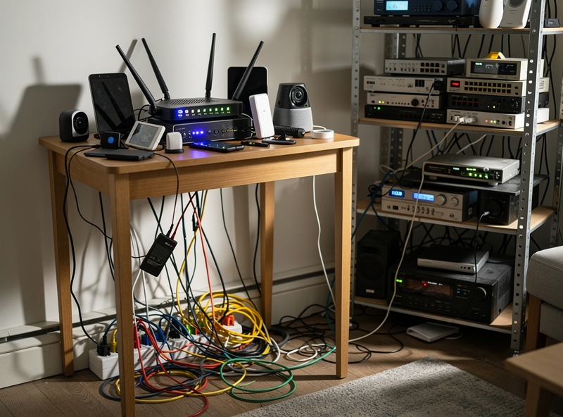 Smart home networking mistakes: tangled ethernet cables and overloaded wifi router with many connected devices
