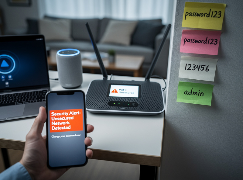 Smart home security vulnerability: unlocked wifi network and weak passwords on sticky notes near smartphone showing security alert