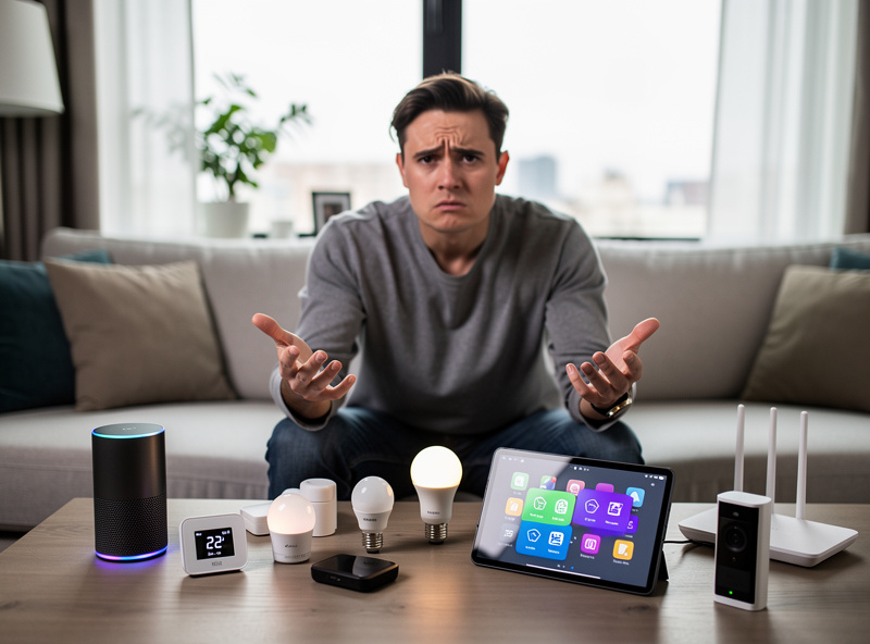 Frustrated person surrounded by multiple smart home devices that do not work together, confused expression in modern living room
