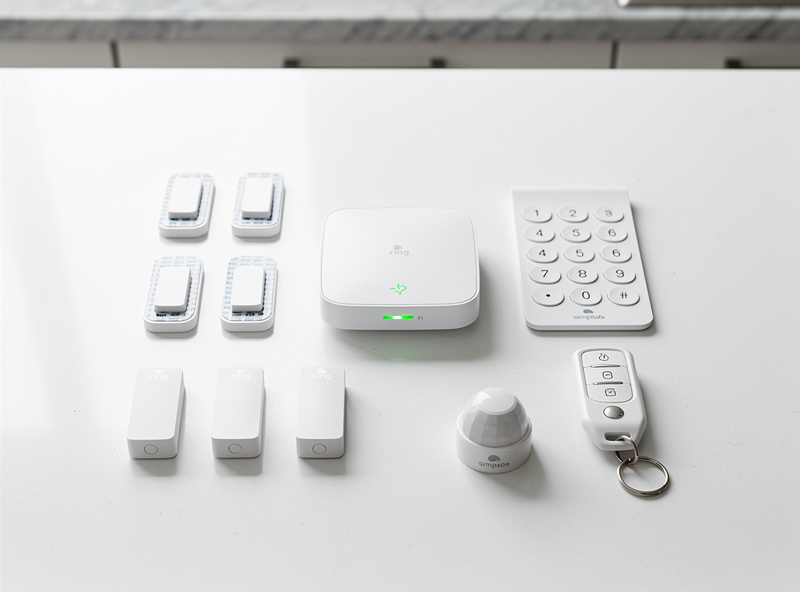 Smart home security system base station with keypad and sensors arranged on a kitchen counter ready for DIY installation
