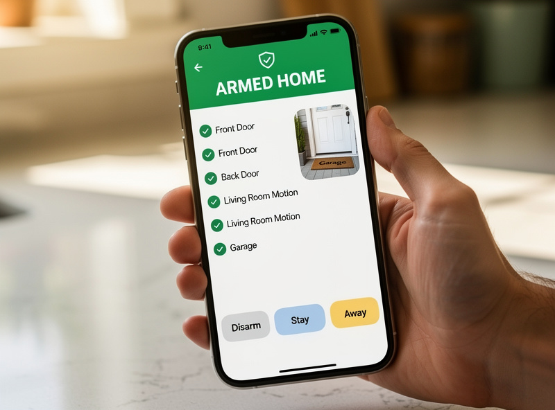 Smart home security app on a phone showing armed status with sensors, cameras, and alerts panel