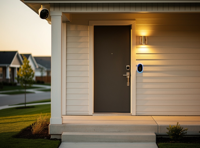 Outdoor view of front door with smart camera, smart lock, and motion sensor light installed as a residential security setup
